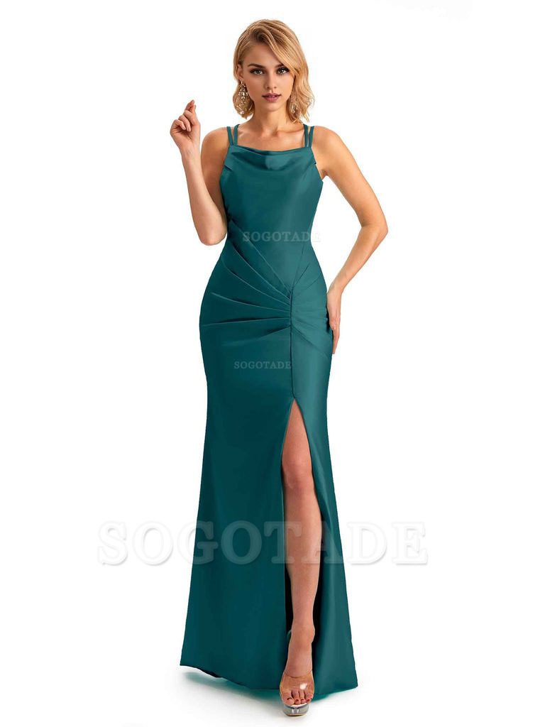 Soft Satin Spaghetti Straps Side Slit Long Unique Mermaid Beautiful Dresses For Wedding
