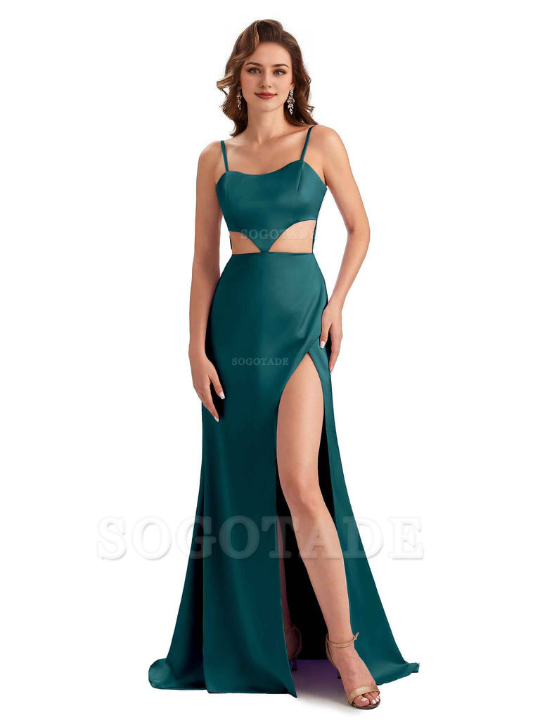 Sexy Satin Side Slit Spaghetti Straps Mermaid Long Unique Curve Wedding Guest Dresses