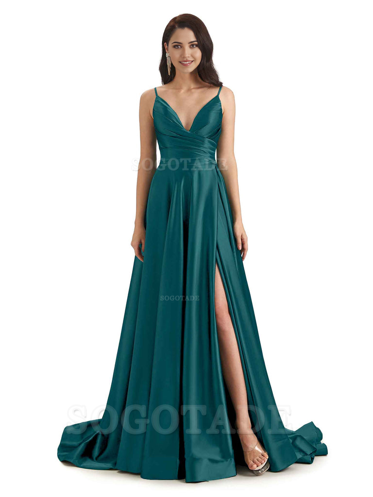 Spaghetti Straps Satin formal dresses evening gown Bridesmaid Dresses With Side Slit 