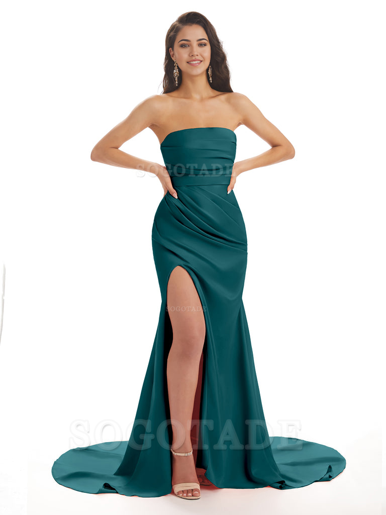 Mermaid Strapless Floor-Length Satin formal dresses evening gown Bridesmaid Dresses With Side Slit 