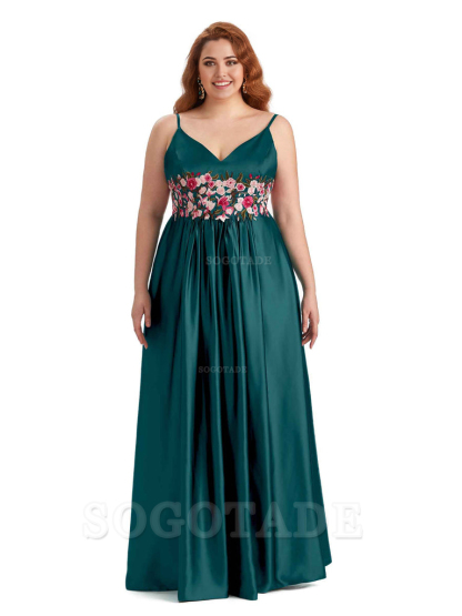 Unique Lace Spaghetti Straps Sleeveless Soft Satin Long Plus Size Bridesmaid Dress For Wedding