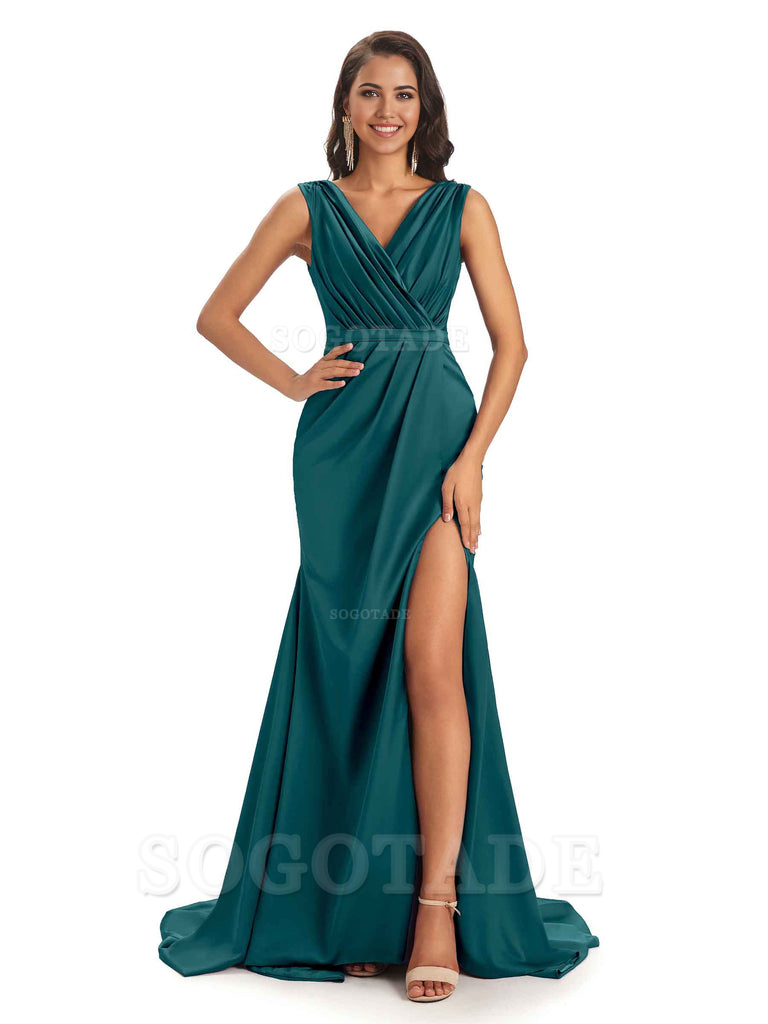 A-line V-neck Floor-Length Satin formal dresses evening gown Bridesmaid Dresses With Side Slit 
