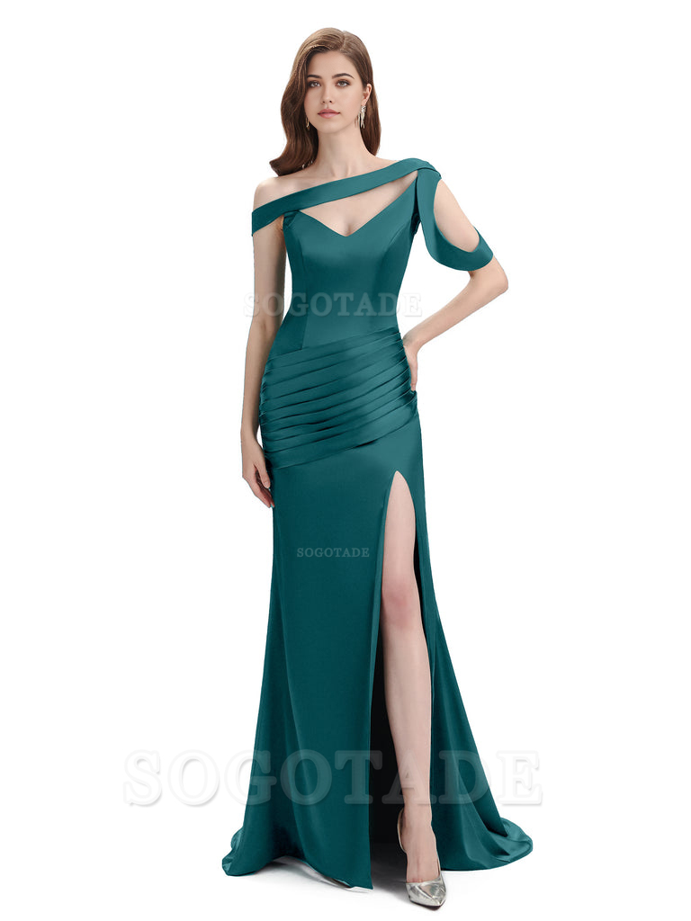 Mermaid V-Neck Satin Floor-Length formal dresses evening gown Bridesmaid Dresses With Side Slit 