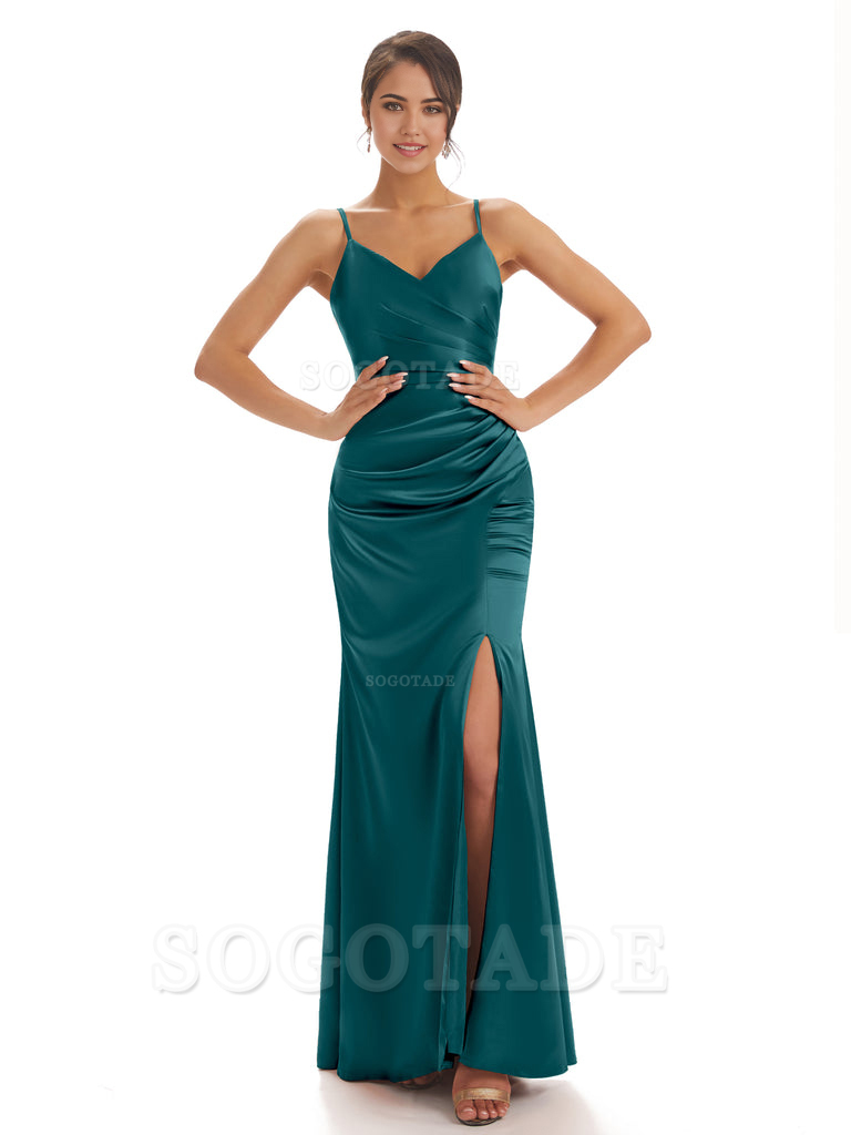 Spaghetti Straps Pleats Satin formal dresses evening gown Bridesmaid Dresses With Side Slit 