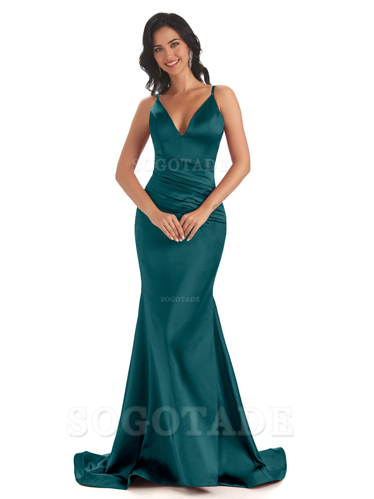 Mermaid Spaghetti V-Neck Straps Satin Long formal dresses evening gown Bridesmaid Dresses With Side Slit 