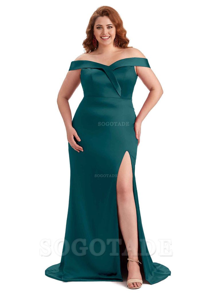 Elegant Off The Shoulder Sleeveless Side Slit Mermaid Soft Satin Long Plus Size Bridesmaid Gowns