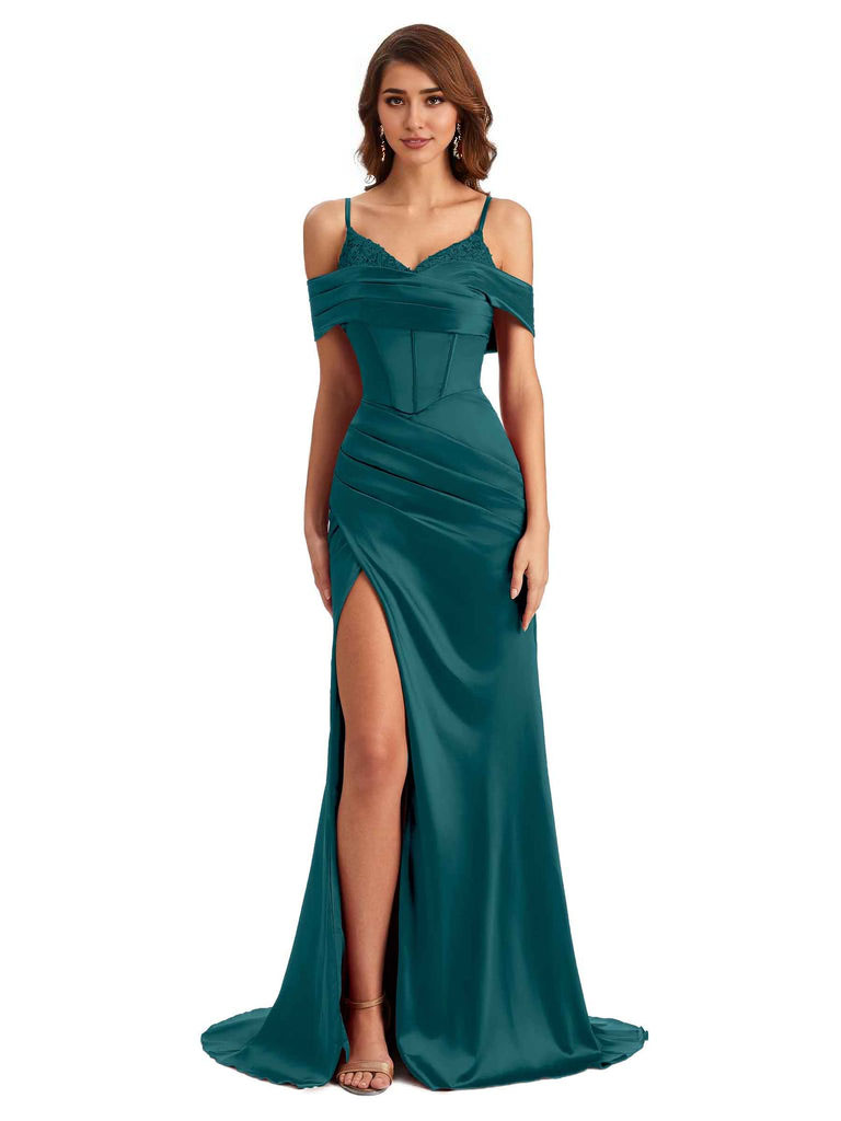  Sexy Side Slit Mermaid Silky Satin V-Neck Cold Shoulder Unique Nice Wedding Guest Dresses