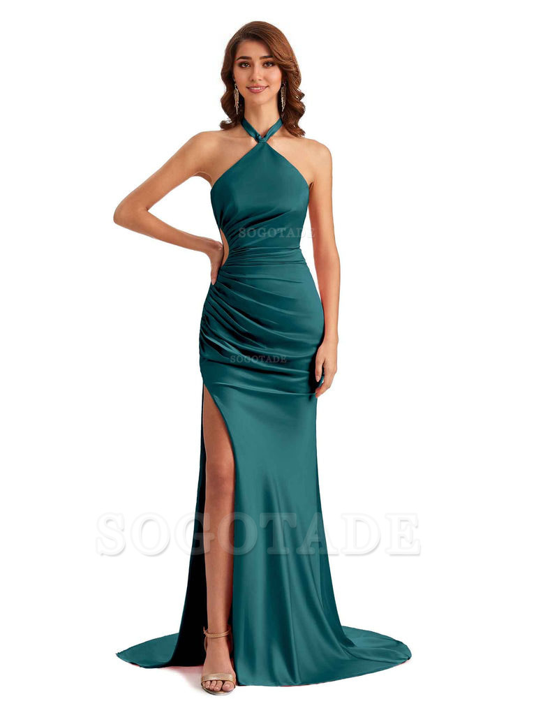 Sexy Halter Mermaid Silky Satin Unique Long Formal Wedding Guest Dresses