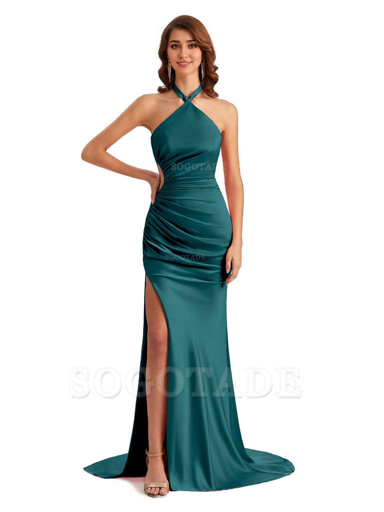 Sexy Halter Mermaid Silky Satin Unique Long Formal Wedding Guest Dresses