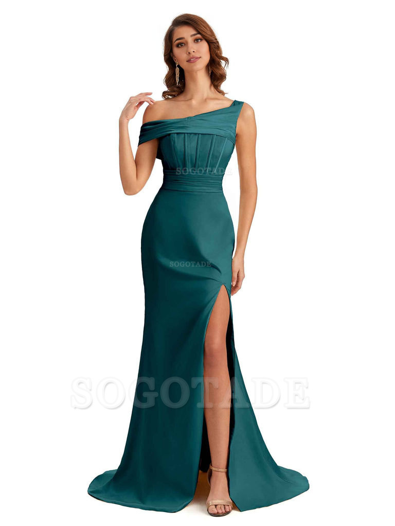 Elegant Asymmetrical Neck Soft Satin Side Slit Long Mermaid Bridesmaid Dresses