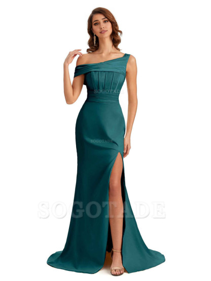 Elegant Asymmetrical Neck Soft Satin Side Slit Long Mermaid Bridesmaid Dresses