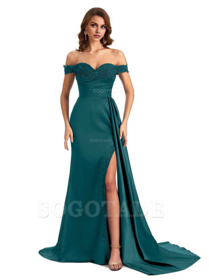 Sexy Off The Shoulder Mermaid Side Slit Silky Satin Long Bridesmaid Dress For Wedding