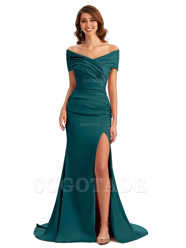 Sexy Off The Shoulder Side Slit Mermaid Satin Unique Long Formal Wedding Guest Dresses