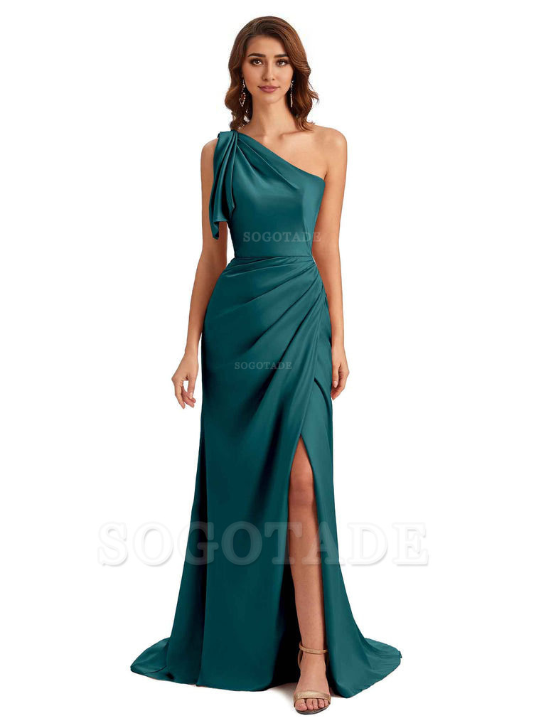 Sexy One Shoulder Mermaid Side Slit Unique Silky Satin Bridesmaid Dresses 