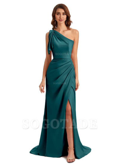 Sexy One Shoulder Mermaid Side Slit Unique Silky Satin Bridesmaid Dresses 