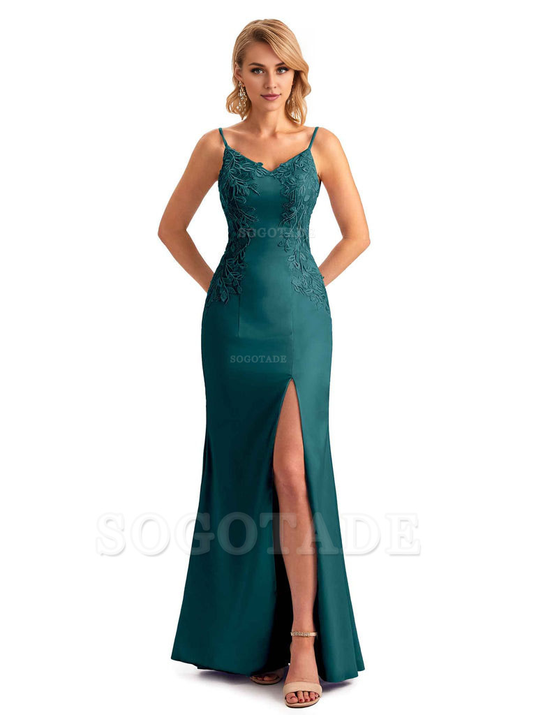 Sexy Side Split Mermaid Spaghetti Straps Soft Satin Unique Lace Long Bridesmaid Dresses
