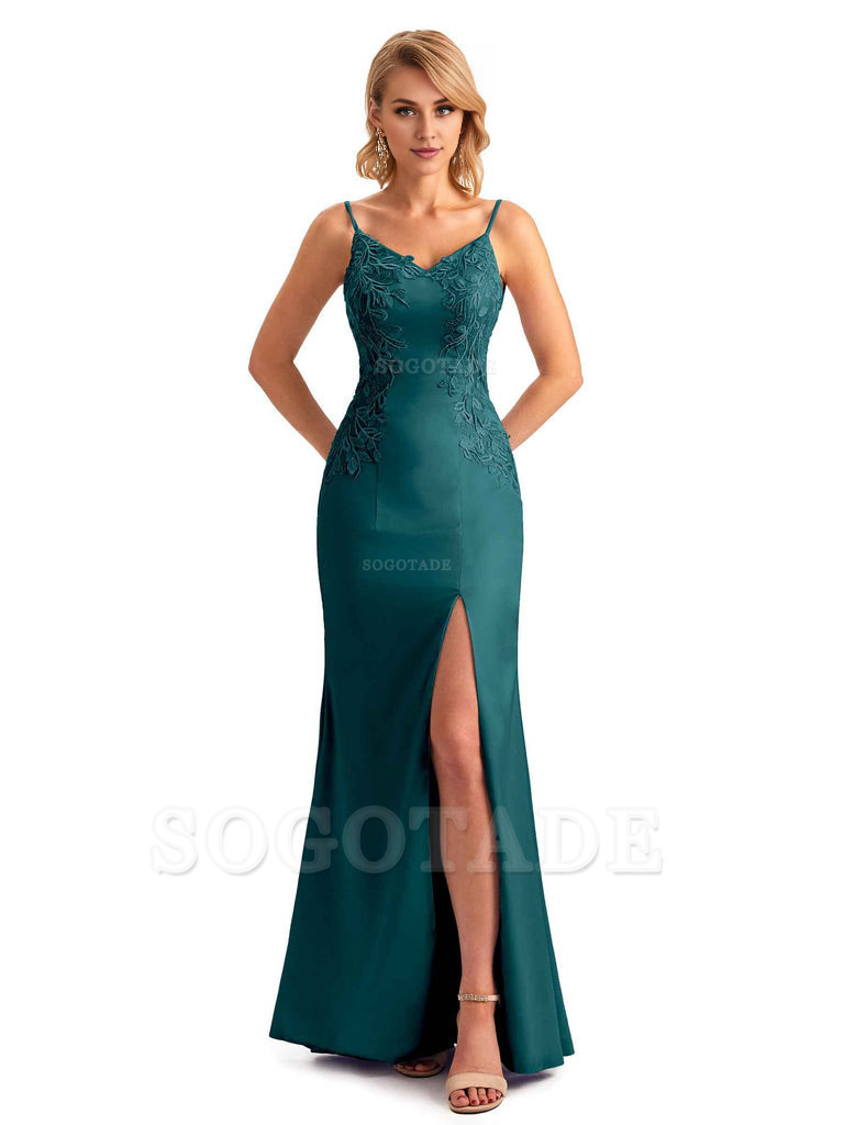 Sexy Side Split Mermaid Spaghetti Straps Soft Satin Unique Lace Long Bridesmaid Dresses