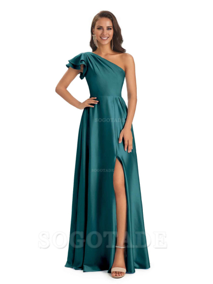 A-Line One Shoulder Ladies Long Bridesmaid Dresses Soft Satin Side Slit Elegant Evening Party Dress