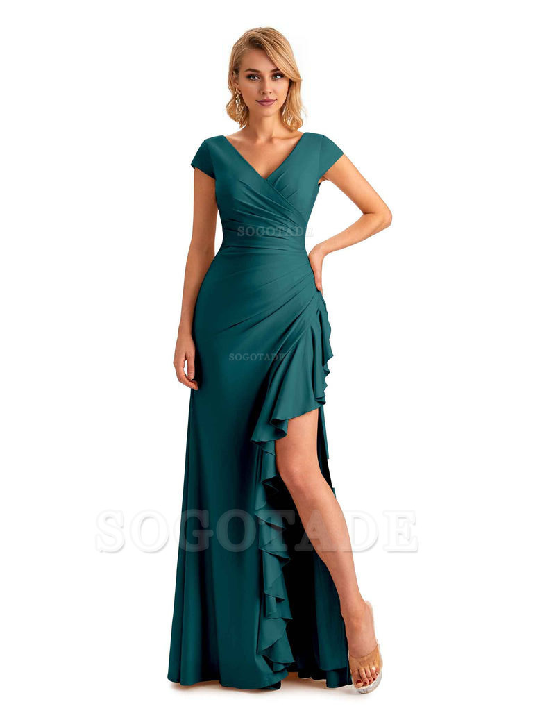 Sexy Side Slit Short Sleeves Mermaid Soft Satin Unique Long Maid Of Honor Dresses