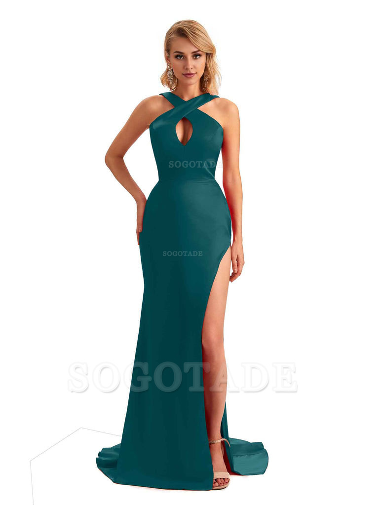 Sexy Side Slit Halter Mermaid Silky Satin Unique Long Formal Wedding Bridesmaid Dresses