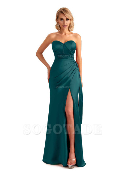 Sexy Side Slit Strapless Mermaid Soft Satin Unique Long Bridesmaid Dress For Wedding