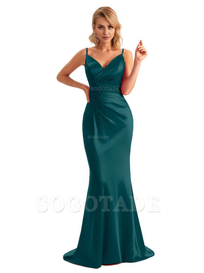  Sexy Backless Mermaid Spaghetti Straps Unique Long Formal Satin Dress For Women