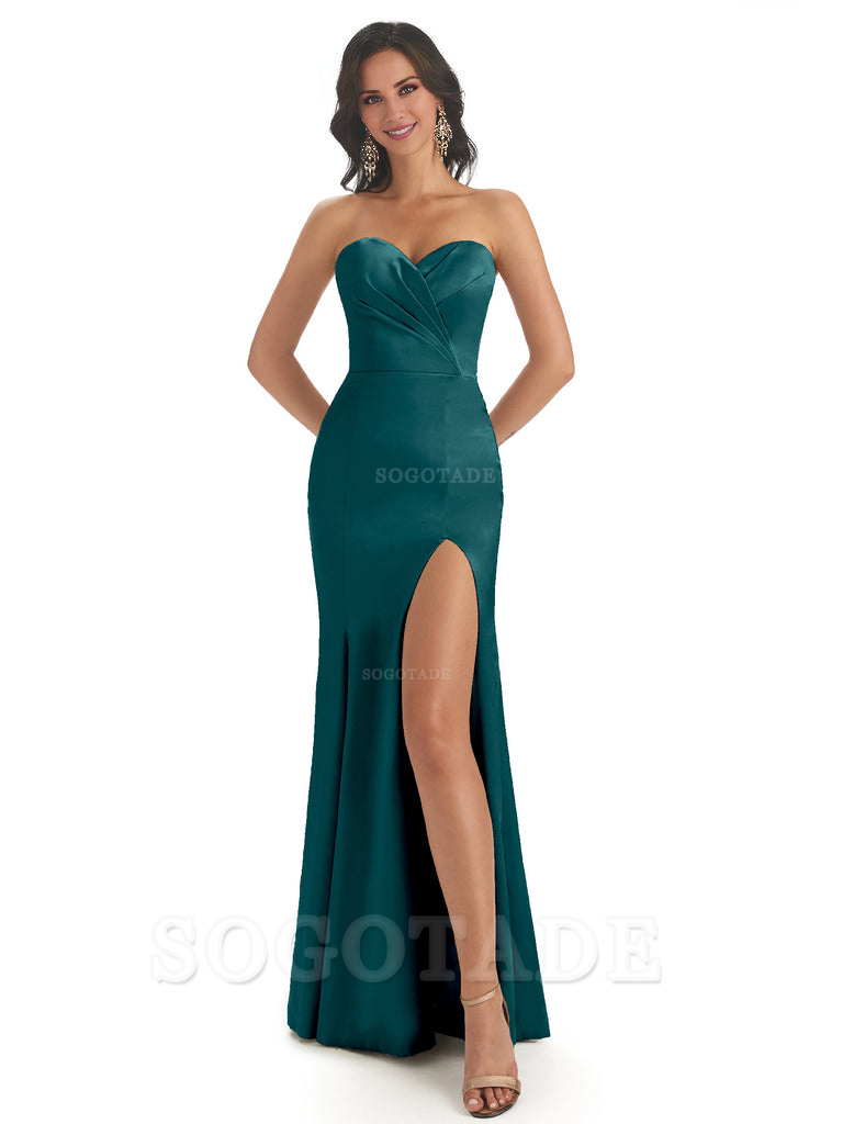 Simple Soft Satin Side Slit Sweetheart Long Mermaid Bridesmaid Dresses Elegant Evening Party Dress