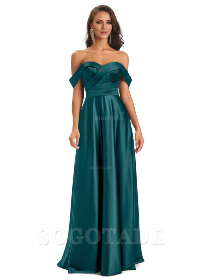 Sexy Soft Satin Off The Shoulder A-Line Long Bridesmaid Dresses Elegant Evening Party Dress