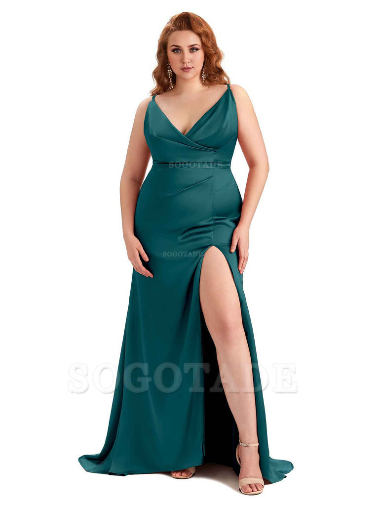 Sexy Side Slit Spaghetti Straps Mermaid Soft Satin Fashion Bridesmaid Dresses