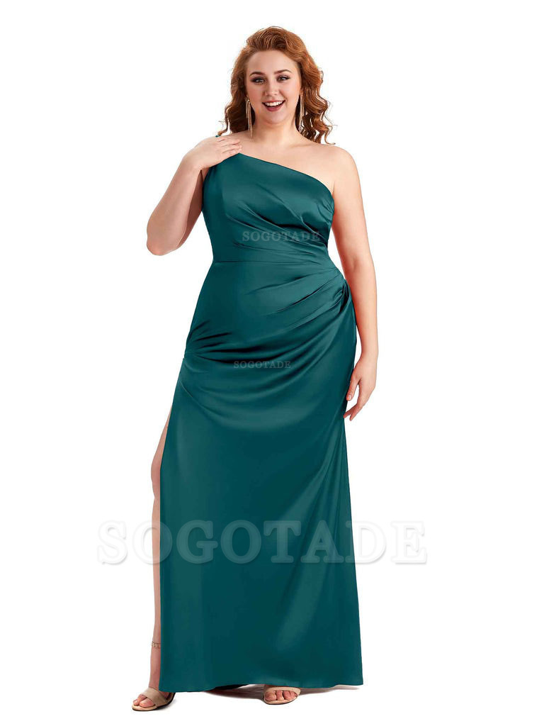 Sexy Side Slit One Shoulder Mermaid Soft Satin Long Plus Size Maid of Honour Dresses