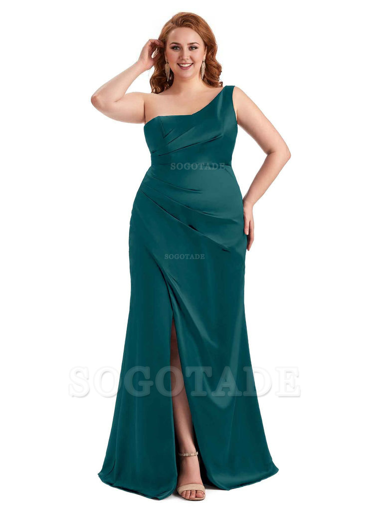 Sexy Side Slit One Shoulder Mermaid Long Plus Size Satin Maxi Dresses