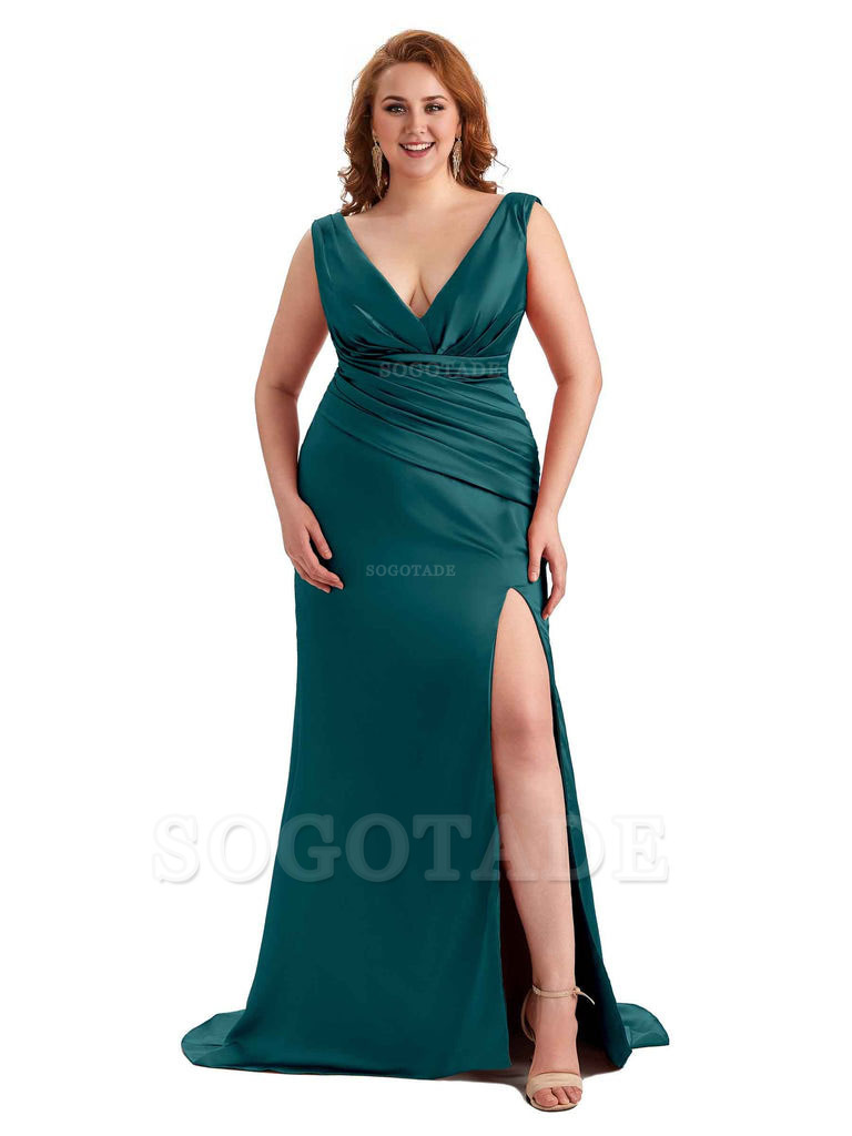 Elegant V-neck Side Slit Mermaid Soft Satin Long Plus Size Bridesmaid Dress For Wedding