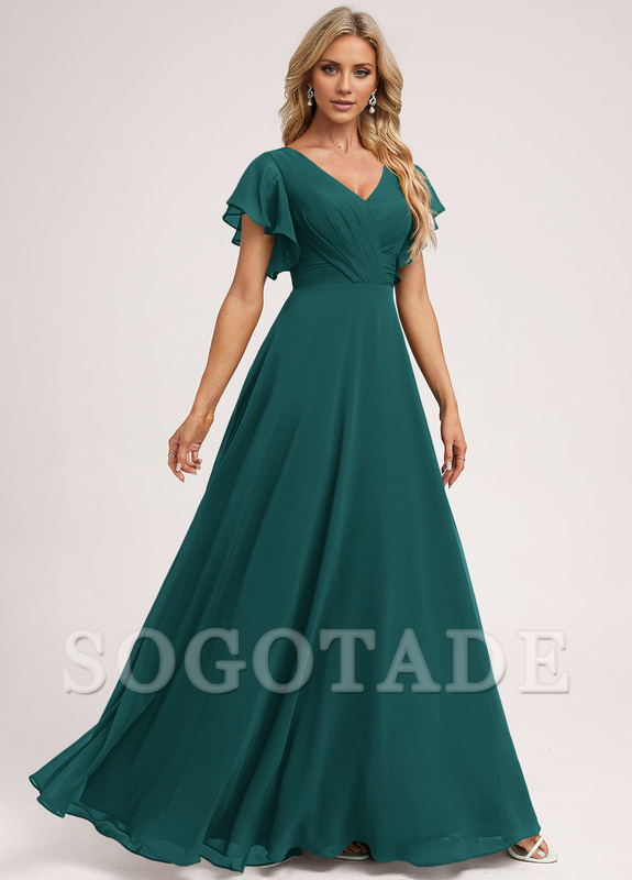 Ruffle A-line V-neck and floor chiffon bridesmaid dress