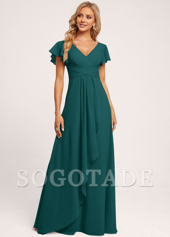 Ruffle A-line V-neck and floor chiffon bridesmaid dress