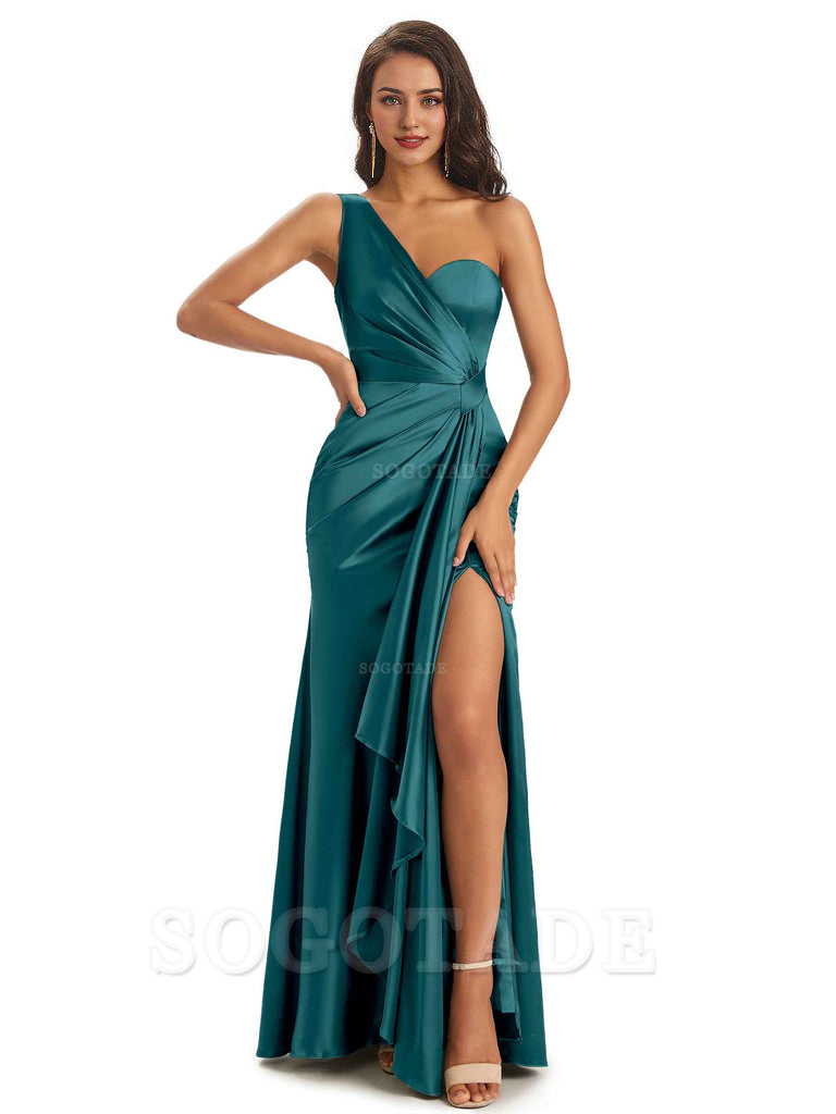 Elegant Soft Satin Side Slit One Shoulder Unique Mermaid Bridesmaid Dresses Online prom dresses shops