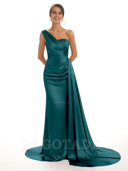 Elegant One Shoulder Soft Satin Unique Mermaid Long Bridesmaid Dresses Online prom dresses shops