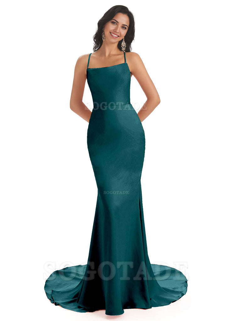 Mermaid Spaghetti Backless Straps Satin Long formal dresses evening gown Bridesmaid Dresses