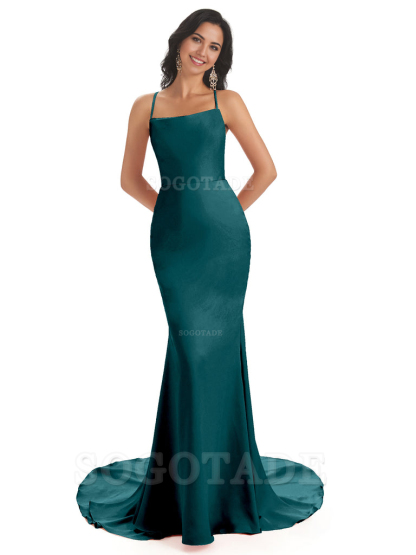 Mermaid Spaghetti Backless Straps Satin Long formal dresses evening gown Bridesmaid Dresses