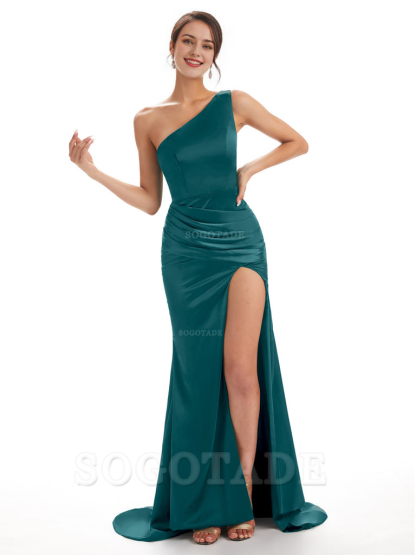 Sexy Soft Satin Side Slit One Shoulder Long Mermaid Bridesmaid Dresses Online prom shop dresses ﻿