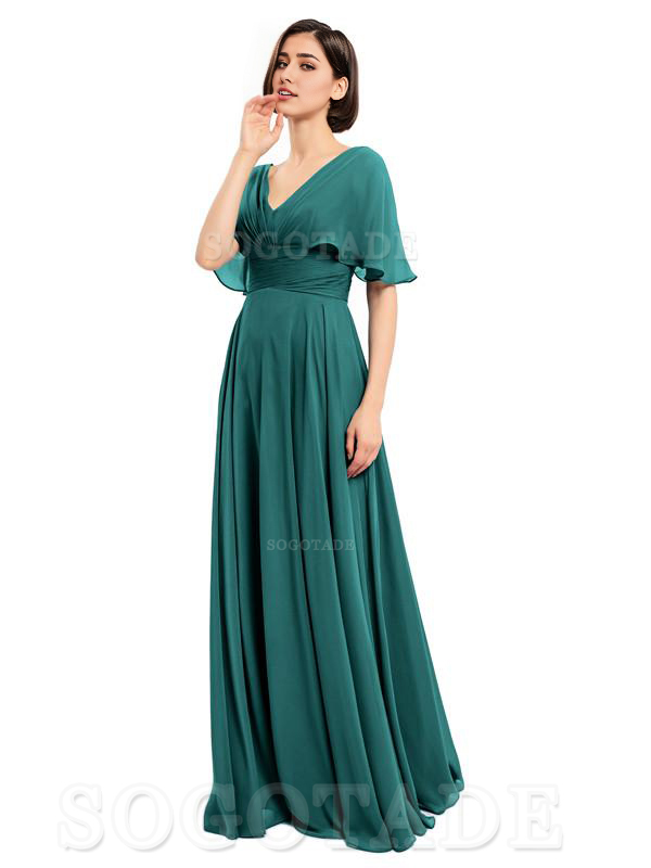  V-Neck Cap Sleeves Sleeves Chiffon Long Elegant Bridesmaid Dresses Formal Wear Dresses