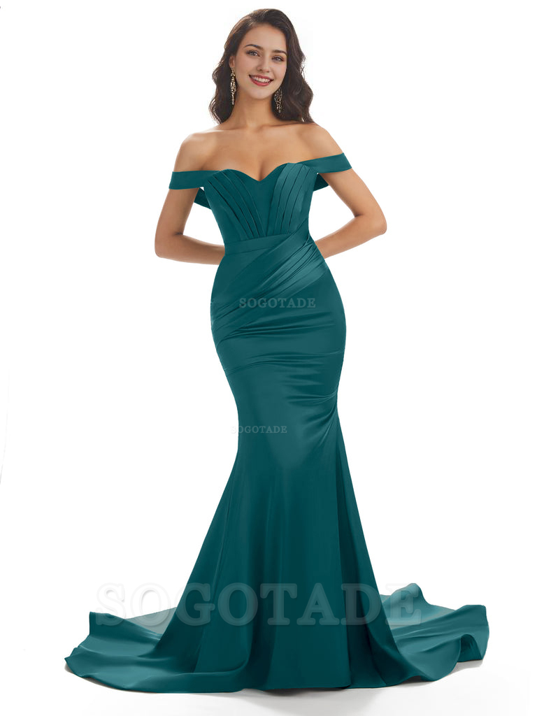 Sexy Mermaid Off The Shoulder Floor-Length Long Soft Satin Bridesmaid Dresses Online prom shop dresses