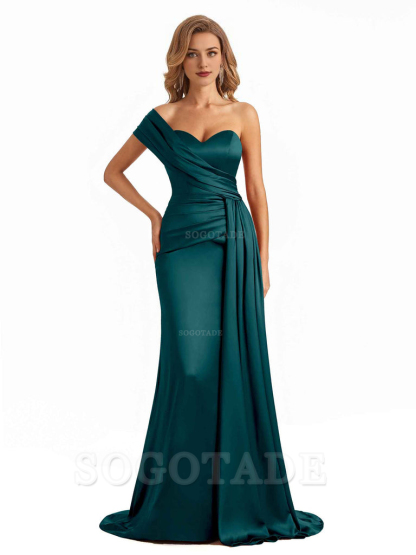Elegant One Shoulder Soft Satin Long Mermaid Bridesmaid Dresses Online prom shop dresses ﻿