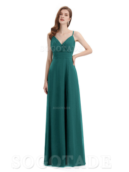 Chiffon V-Neck Spaghetti Strap Floor-Length Side Fork Long Bridesmaid Dresses Formal Women's Dresses Wedding Guests Dresses
