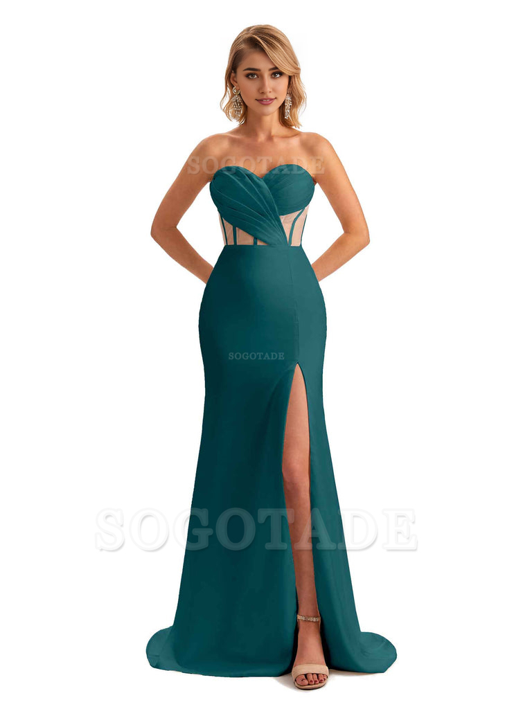 Sexy Sweetheart Strapless Side Slit Mermaid Soft Satin Unique Long Bridesmaid Dress For Wedding