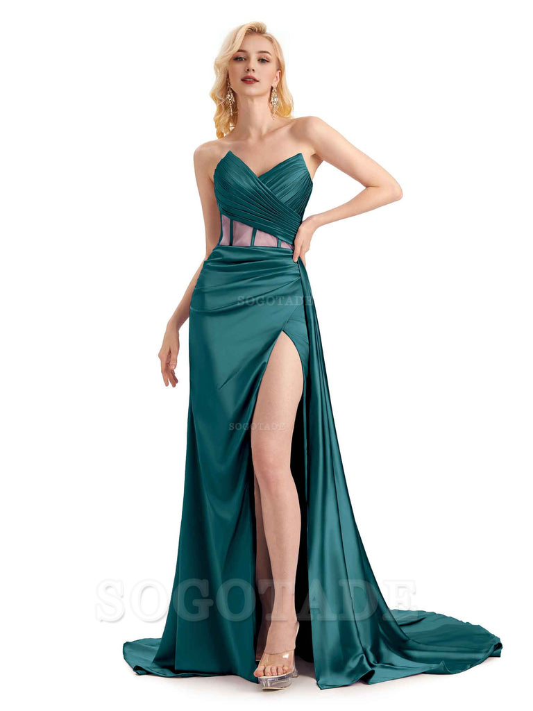 Sexy Soft Satin Side Slit See Through Floor-Length Long Mermaid Bridesmaid Dresses prom shop dresses