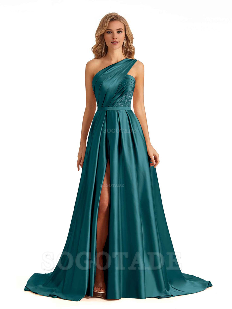 Sexy Side Slit One Shoulder A-Line Soft Satin Long Bridesmaid Dresses Online prom dress in store