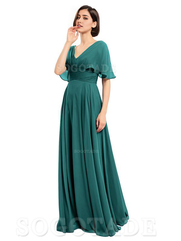  V-Neck Cap Sleeves Sleeves Chiffon Long Elegant Bridesmaid Dresses Formal Wear Dresses