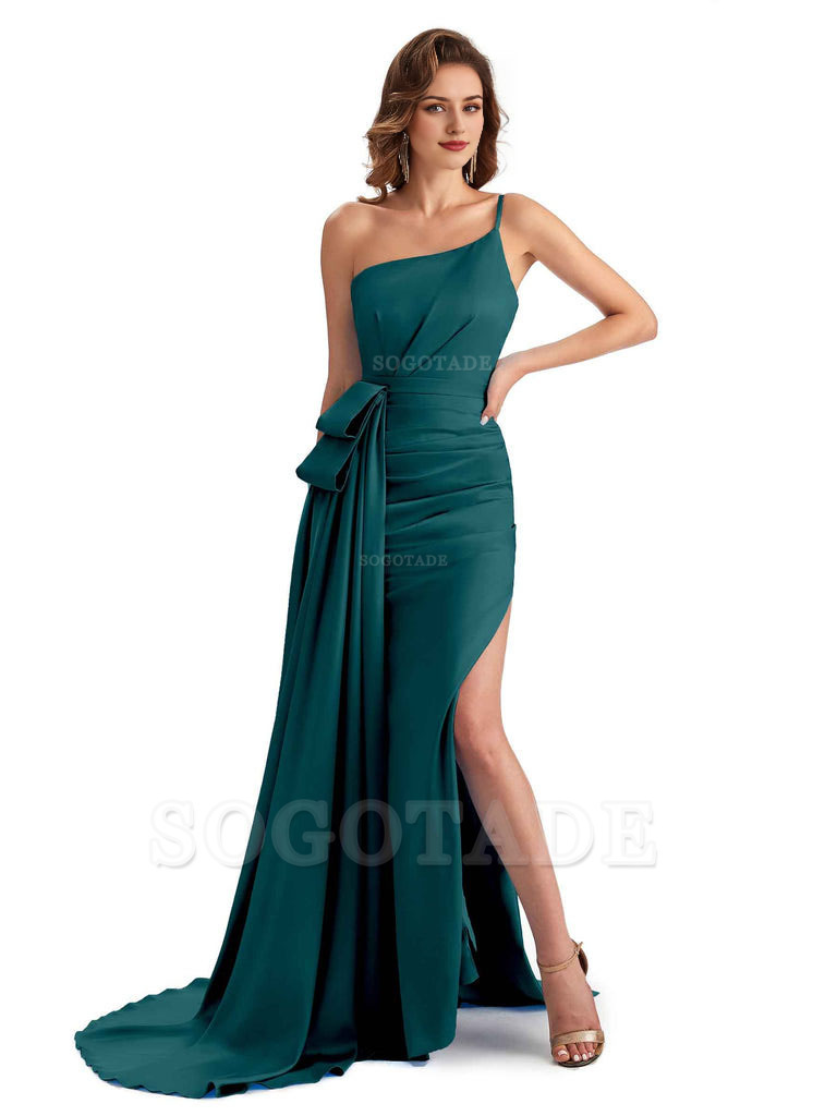 Sexy Side Slit Mermaid Silky Satin One Shoulder Modern Maxi Bridesmaid Dresses