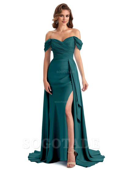 Sexy Side Slit Mermaid Soft Satin Off The Shoulder Long Unique Bridesmaid Dresses prom dress in store