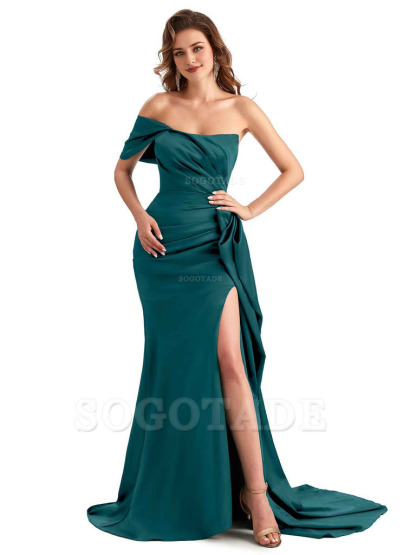 Sexy Side Slit Mermaid Silky Satin One Shoulder Chic Long Maid Of Honor Dresses